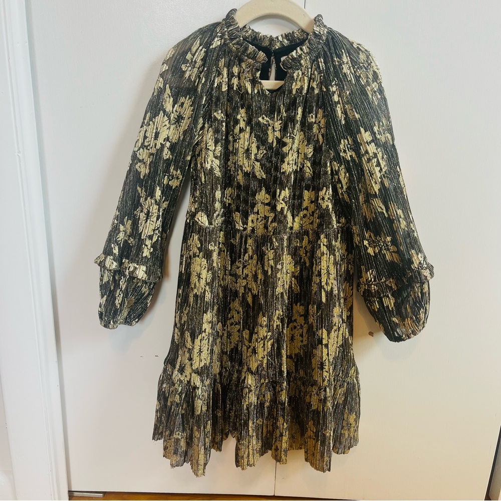 GB Girls Size 5 or 5T Black Gold Metallic Ruffled Tiered Dress Long Sleeved
